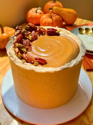 Pastel de Calabaza Frosting de Receta Ingredientes Queso Mantequilla Tostada Praline de Semillas de Calabaza y Nueces Pecanas